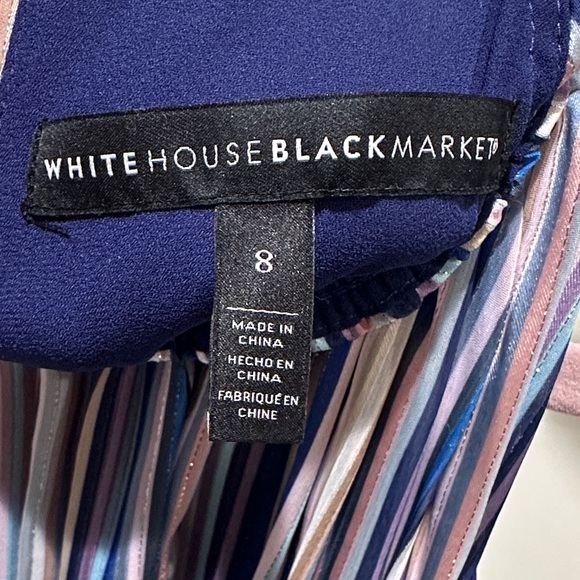 White House Black Market Navy and Warm Tones Gold Striped Halter Dress - Picture 2 of 15